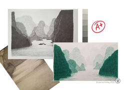 Student drawing artwork with teacher’s handwritten feedback notes -Graded A+ landscape drawing of bay with green/red annotations, high-quality feedback.