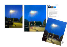 Annotated street lamp at dusk with red lines on light and hedges, email correction details.