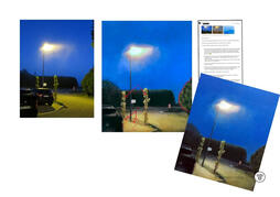 Annotated street lamp at dusk with red lines on light and hedges, email correction details. Annotated street lamp at dusk with red lines on light and hedges, email correction details.