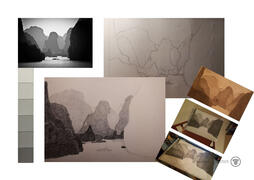 Student drawing artwork with teacher’s handwritten feedback notes - Annotated still life drawing of glasses and box with red crosses/lines, shading feedback.