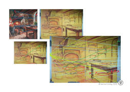 Student painting artwork with teacher’s handwritten feedback notes - Annotated kitchen interior with yellow/green lines on perspective and objects, composition critique
