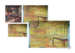 Student painting artwork with teacher’s handwritten feedback notes - Annotated kitchen interior with yellow/green lines on perspective and objects, composition critique Student painting artwork with teacher’s handwritten feedback notes - Annotated kitchen interior with yellow/green lines on perspective and objects, composition critique