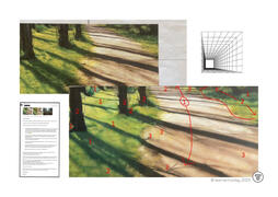 Student acrylic painting with teacher’s handwritten margin notes - Annotated path with trees and shadows, red squares/lines on elements, drawing feedback.