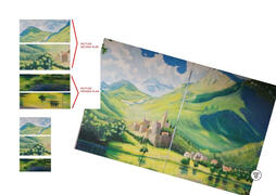 Artwork annotation: Digital painting feedback — Annotated landscape with green/red lines on facture plans and castle, technique analysis.
