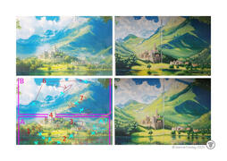 Annotated fantasy castle landscape with purple/red outlines on mountains and buildings, composition feedback.