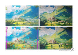 Annotated fantasy castle landscape with purple/red outlines on mountains and buildings, composition feedback. Annotated fantasy castle landscape with purple/red outlines on mountains and buildings, composition feedback.