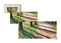 Student oil painting with teacher’s handwritten margin notes - Annotated path with trees and shadows, red squares/lines on elements, drawing feedback.