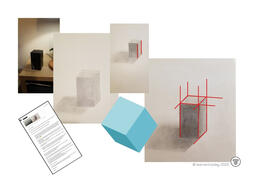 Student drawing artwork with teacher’s handwritten feedback notes - Annotated cube still life drawing with red grids and blue model, perspective correction.