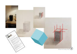 Student drawing artwork with teacher’s handwritten feedback notes - Annotated cube still life drawing with red grids and blue model, perspective correction. Student drawing artwork with teacher’s handwritten feedback notes - Annotated cube still life drawing with red grids and blue model, perspective correction.