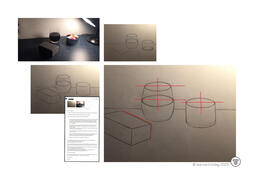 Student drawing artwork with teacher’s handwritten feedback notes - Annotated still life drawing of glasses and box with red crosses/lines, shading feedback.