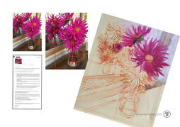 Student oil painting with teacher’s handwritten feedback notes - Annotated dahlia flowers drawing with red lines on vase and petals, email notes. Student oil painting with teacher’s handwritten feedback notes - Annotated dahlia flowers drawing with red lines on vase and petals, email notes.
