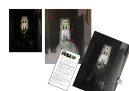 Teacher’s markup: Perspective correction on cityscape drawing — vanishing point adjustment shown