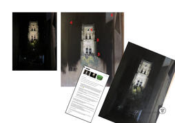 Teacher’s markup: Perspective correction on cityscape drawing — vanishing point adjustment shown Teacher’s markup: Perspective correction on cityscape drawing — vanishing point adjustment shown