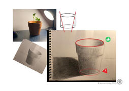 Student drawing artwork with teacher’s handwritten feedback notes - Annotated terracotta pot drawing with red outlines and green check, proportion feedback.