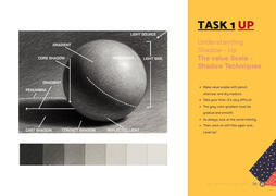 Task 1 UP: shadow techniques — core shadow, highlight, reflected light — diagrammed